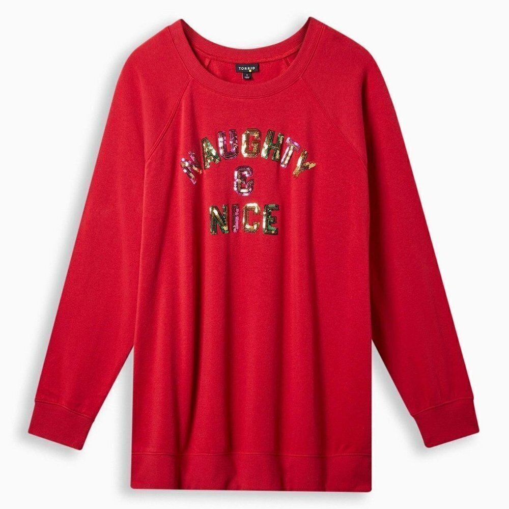 Torrid - Naughty & Nice Classic Fit Cozy Fleece Crew Sequin Sweater, Jester Red 
